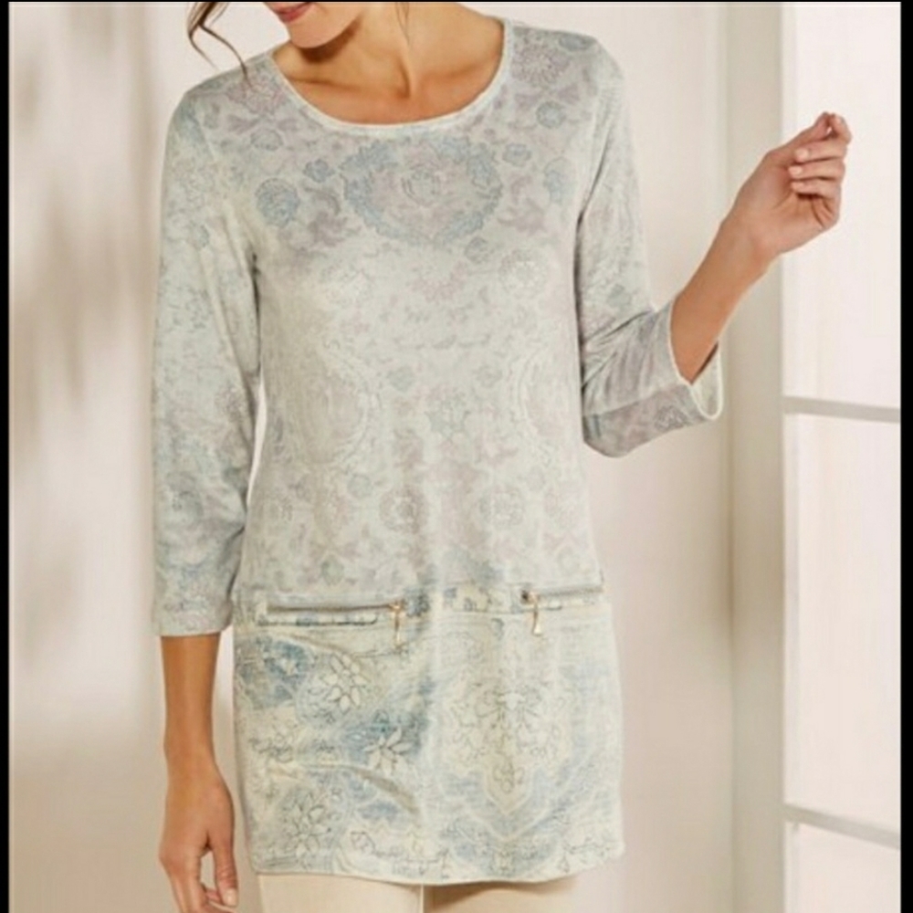 Soft Surroundings Top 3/4 Sleeve Velour Dello Tunic Zipper Pockets Size Small